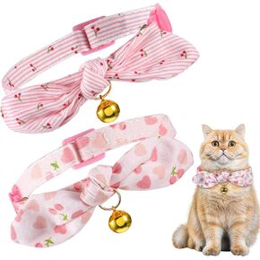2PCS Cotton Bowtie Cat Jub مع جرس ، يطوق كات مع جرس القوس اللطيف ، الياقات القطة الوردية مع طوق القطط القابلة للإزالة للقطط القطط