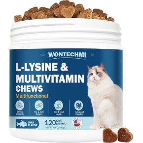 ملحق L-Lysine للقطط ، وفيتامينات القط للعطس ، والأنف السائل ، والبرد ، ودعم المناعة ، وصحة العين ، وصحة الجهاز التنفسي ، وعلاج Cat Lysine الطبيعي (120 مضغ ، وتونة)