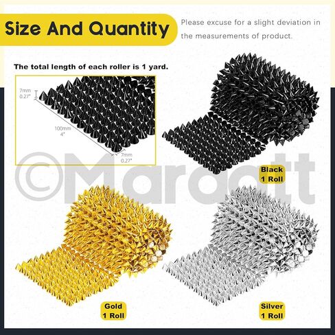 3Pcs 3 Yard Sew Stitch On Spike Stud Set, Cone Flat Back Spike Studs Rivets DIY Punk Rock Trim Mesh Bead Rivets Spikes for Clothing Wedding Decoration Crafts(Black, Silver, Gold) in Kuwait