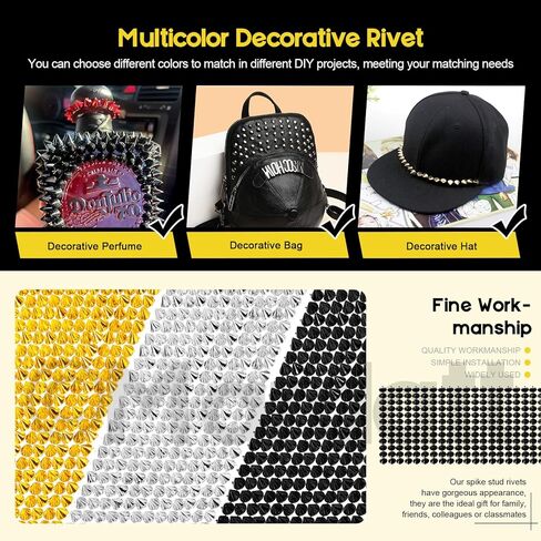 3Pcs 3 Yard Sew Stitch On Spike Stud Set, Cone Flat Back Spike Studs Rivets DIY Punk Rock Trim Mesh Bead Rivets Spikes for Clothing Wedding Decoration Crafts(Black, Silver, Gold) in Kuwait