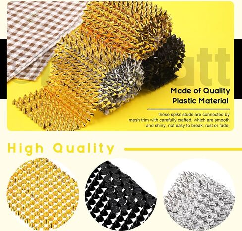3Pcs 3 Yard Sew Stitch On Spike Stud Set, Cone Flat Back Spike Studs Rivets DIY Punk Rock Trim Mesh Bead Rivets Spikes for Clothing Wedding Decoration Crafts(Black, Silver, Gold) in Kuwait