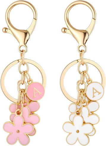 Pink Keychain+White Keychain-Flower Charms Initial Letter Keychains Keyring for Women Bag Backpack in Kuwait