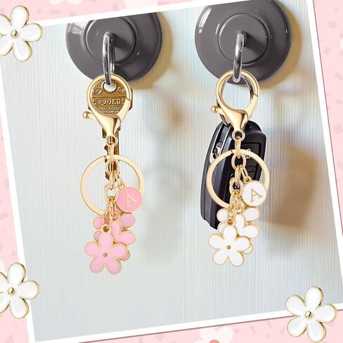 Pink Keychain+White Keychain-Flower Charms Initial Letter Keychains Keyring for Women Bag Backpack in Kuwait