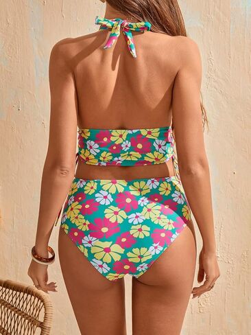 SweatyRocks Women's Floral Print 2 Piece Swimsuit Tie Side Halter High Waisted Bikini Bathing Suit in Saudi Arabia