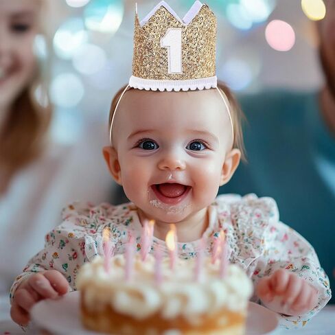 Alianzeo First Birthday Party Crown ، أول قبعة حفلة عيد ميلاد وردية للطفلة أو الصبي ، قبعة Glitter Crown للطفل الأول in Kuwait