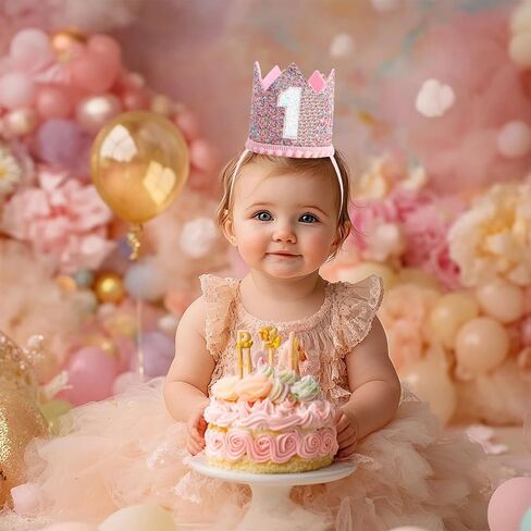 Alianzeo First Birthday Party Crown ، أول قبعة حفلة عيد ميلاد وردية للطفلة أو الصبي ، قبعة Glitter Crown للطفل الأول in Kuwait