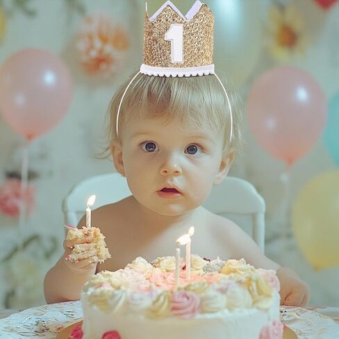 Alianzeo First Birthday Party Crown ، أول قبعة حفلة عيد ميلاد وردية للطفلة أو الصبي ، قبعة Glitter Crown للطفل الأول in Kuwait