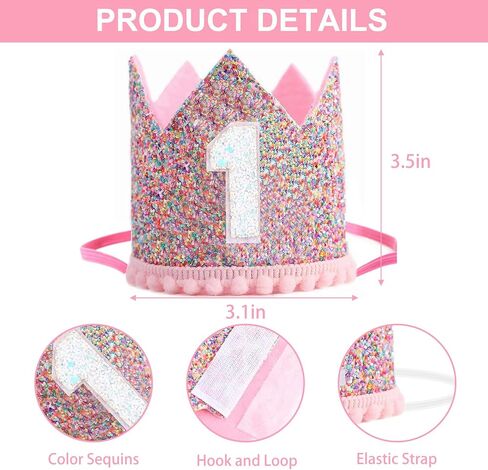 Alianzeo First Birthday Party Crown ، أول قبعة حفلة عيد ميلاد وردية للطفلة أو الصبي ، قبعة Glitter Crown للطفل الأول in Kuwait