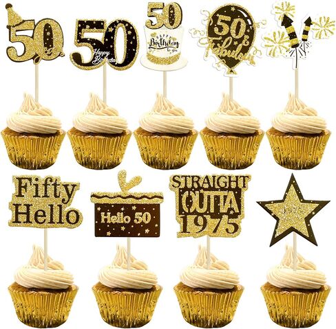 Gyufise 36Pcs Happy 50th Birthday Cupcake Toppers Glitter Black Gold Fifty Straight Outta 1975 Cupcake Picks 50 Fabulous Cheers to 50 Years Cake Decorations for 50th Birthday Party Supplies in Kuwait