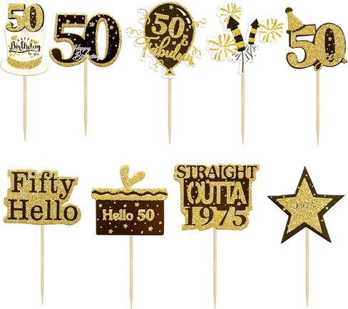 Gyufise 36Pcs Happy 50th Birthday Cupcake Toppers Glitter Black Gold Fifty Straight Outta 1975 Cupcake Picks 50 Fabulous Cheers to 50 Years Cake Decorations for 50th Birthday Party Supplies in Kuwait