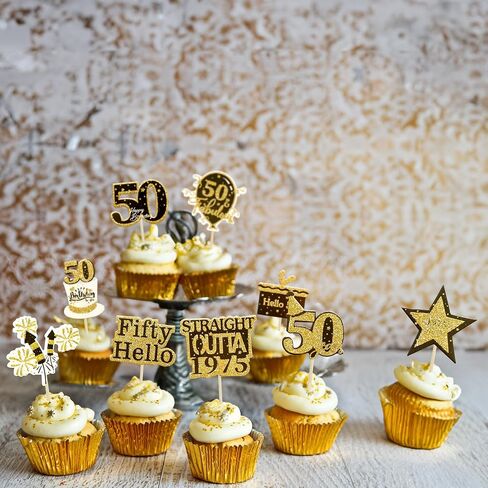 Gyufise 36Pcs Happy 50th Birthday Cupcake Toppers Glitter Black Gold Fifty Straight Outta 1975 Cupcake Picks 50 Fabulous Cheers to 50 Years Cake Decorations for 50th Birthday Party Supplies in Kuwait
