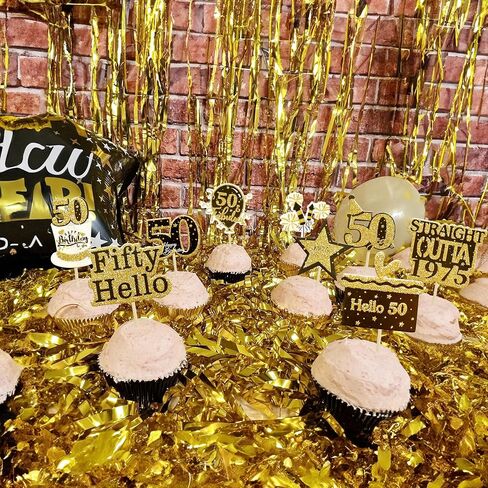 Gyufise 36Pcs Happy 50th Birthday Cupcake Toppers Glitter Black Gold Fifty Straight Outta 1975 Cupcake Picks 50 Fabulous Cheers to 50 Years Cake Decorations for 50th Birthday Party Supplies in Kuwait