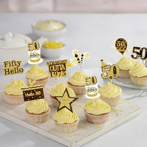 Gyufise 36Pcs Happy 50th Birthday Cupcake Toppers Glitter Black Gold Fifty Straight Outta 1975 Cupcake Picks 50 Fabulous Cheers to 50 Years Cake Decorations for 50th Birthday Party Supplies in Kuwait