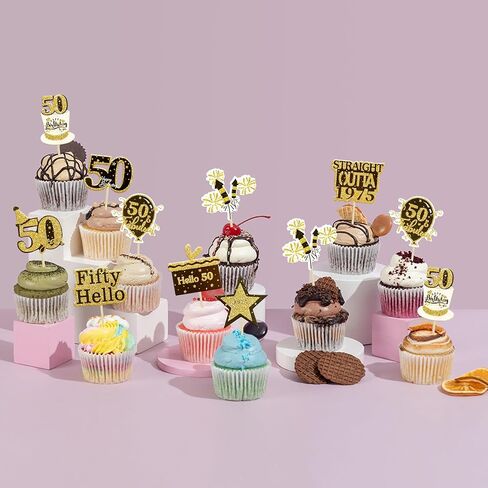 Gyufise 36Pcs Happy 50th Birthday Cupcake Toppers Glitter Black Gold Fifty Straight Outta 1975 Cupcake Picks 50 Fabulous Cheers to 50 Years Cake Decorations for 50th Birthday Party Supplies in Kuwait