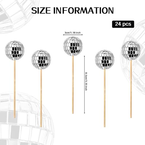 Joersh 24pcs Disco Ball Cupcake Toppers - 1970s Disco Ball تختار ديسكو ديسكو ديكورات كعكة ديسكو موضوع 70s ديسكو حفلة (Silver) in Kuwait