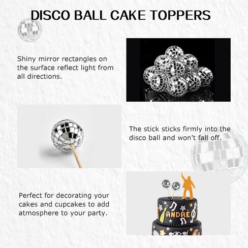 Joersh 24pcs Disco Ball Cupcake Toppers - 1970s Disco Ball تختار ديسكو ديسكو ديكورات كعكة ديسكو موضوع 70s ديسكو حفلة (Silver) in Kuwait