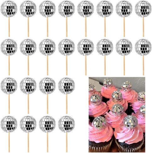 Joersh 24pcs Disco Ball Cupcake Toppers - 1970s Disco Ball تختار ديسكو ديسكو ديكورات كعكة ديسكو موضوع 70s ديسكو حفلة (Silver) in Kuwait
