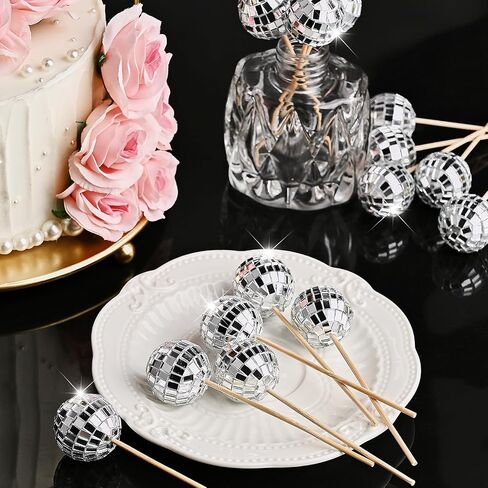 Joersh 24pcs Disco Ball Cupcake Toppers - 1970s Disco Ball تختار ديسكو ديسكو ديكورات كعكة ديسكو موضوع 70s ديسكو حفلة (Silver) in Kuwait