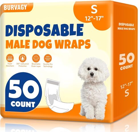 50 Count Disposable Male Dog Wraps, Male Dog Diapers, Super Absorbent Pee Wraps, Belly Bands for Dogs, Leak Proof, Wetness Indicator, Puppy and Doggie Diaper for Peeing, Small in Saudi Arabia