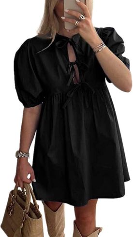 Women Casual Summer Puff Sleeve Mini Dress Bow Tie Front Y2K Babydoll Cut High Waist Peplum Dress in Saudi Arabia