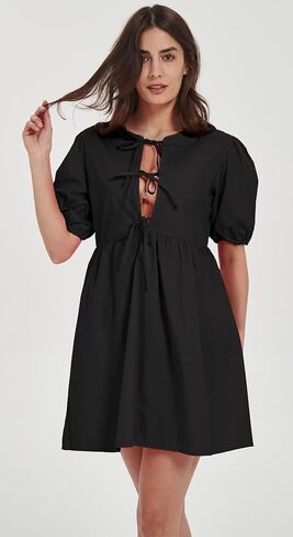 Women Casual Summer Puff Sleeve Mini Dress Bow Tie Front Y2K Babydoll Cut High Waist Peplum Dress in Saudi Arabia