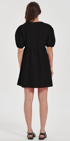Women Casual Summer Puff Sleeve Mini Dress Bow Tie Front Y2K Babydoll Cut High Waist Peplum Dress in Saudi Arabia