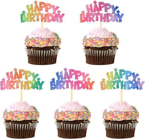 24pcs Happy Birthday Cupcake Toppers, Happy Birthday Cake Decorations for Birthday for Celebrating Happy Birthday Party (Rainbow) in Kuwait