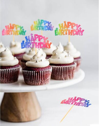 24pcs Happy Birthday Cupcake Toppers, Happy Birthday Cake Decorations for Birthday for Celebrating Happy Birthday Party (Rainbow) in Kuwait