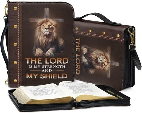 Talayituse Cross Lion Print Faux Leather Bible Cover for Men Women ، The Lord هو قوتي ذات قدرة كبيرة من كتاب Bible Book Cover Bag Case مع حزام الكتف والمقبض ، XL in Kuwait