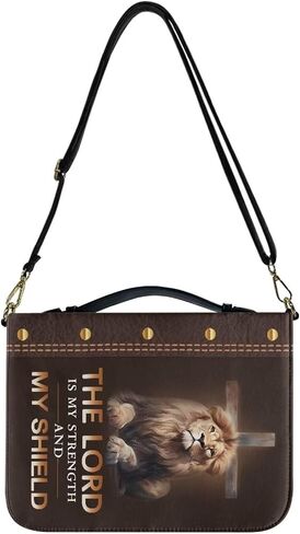Talayituse Cross Lion Print Faux Leather Bible Cover for Men Women ، The Lord هو قوتي ذات قدرة كبيرة من كتاب Bible Book Cover Bag Case مع حزام الكتف والمقبض ، XL in Kuwait