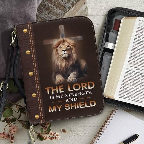 Talayituse Cross Lion Print Faux Leather Bible Cover for Men Women ، The Lord هو قوتي ذات قدرة كبيرة من كتاب Bible Book Cover Bag Case مع حزام الكتف والمقبض ، XL in Kuwait