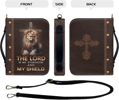 Talayituse Cross Lion Print Faux Leather Bible Cover for Men Women ، The Lord هو قوتي ذات قدرة كبيرة من كتاب Bible Book Cover Bag Case مع حزام الكتف والمقبض ، XL in Kuwait