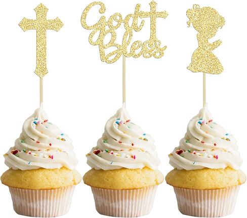 Gyufise 24Pcs Rose Gold Glitter Girl God Bless and Baptism Cupcake Toppers Cross Babyshower Cupcake Picks First Communion Christian Baptism Theme Party Cake Decorations Supplies in Kuwait