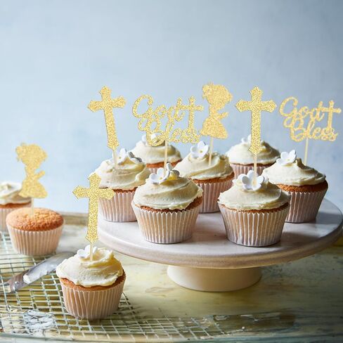 Gyufise 24Pcs Rose Gold Glitter Girl God Bless and Baptism Cupcake Toppers Cross Babyshower Cupcake Picks First Communion Christian Baptism Theme Party Cake Decorations Supplies in Kuwait