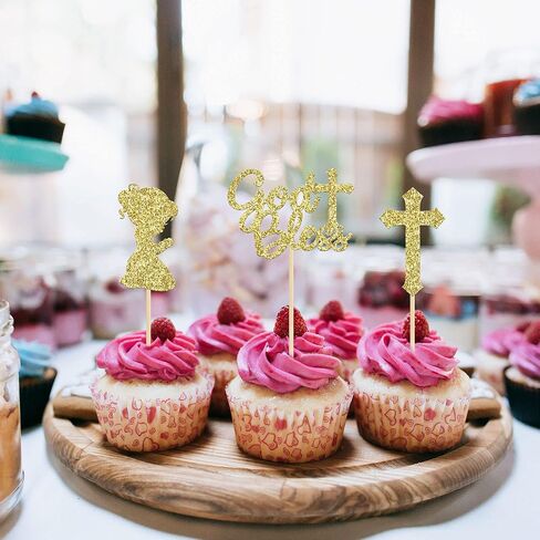 Gyufise 24Pcs Rose Gold Glitter Girl God Bless and Baptism Cupcake Toppers Cross Babyshower Cupcake Picks First Communion Christian Baptism Theme Party Cake Decorations Supplies in Kuwait