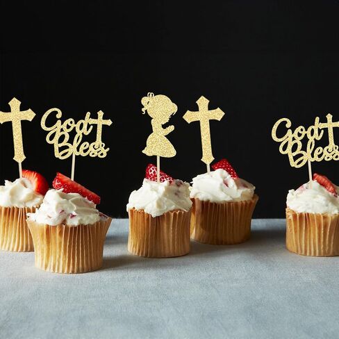 Gyufise 24Pcs Rose Gold Glitter Girl God Bless and Baptism Cupcake Toppers Cross Babyshower Cupcake Picks First Communion Christian Baptism Theme Party Cake Decorations Supplies in Kuwait