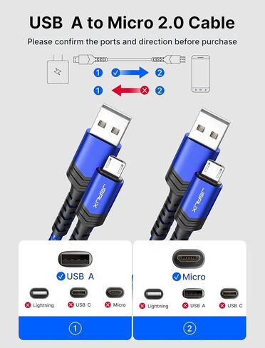 JSAUX Micro USB Cable Charger 2-Pack 6Ft for Android/Kindle/PS4 Controller | Blue 2-Pack 6.6FT, Nylon Braided USB Micro Charging Cable, Compatible with Galaxy S7 S6 J7 Edge Note 5, Kindle, MP3 in Kuwait