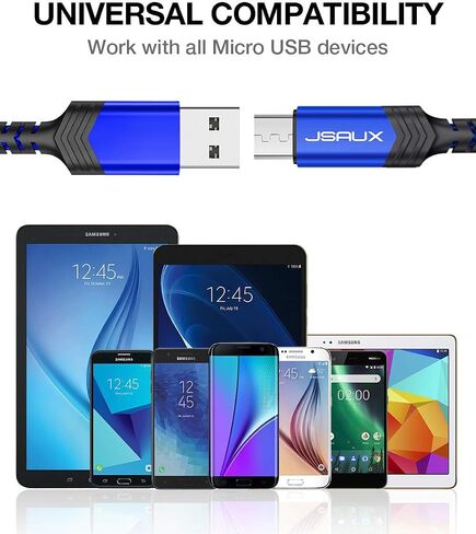 JSAUX Micro USB Cable Charger 2-Pack 6Ft for Android/Kindle/PS4 Controller | Blue 2-Pack 6.6FT, Nylon Braided USB Micro Charging Cable, Compatible with Galaxy S7 S6 J7 Edge Note 5, Kindle, MP3 in Kuwait