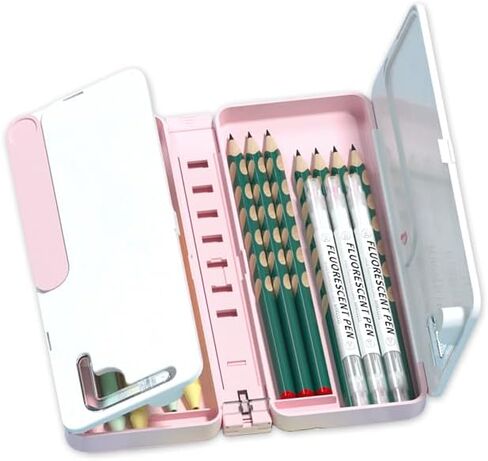 صندوق قلم رصاص ، قلم رصاص ، صناديق قلم رصاص صلبة بلاستيكية ، صندوق قلم مزدوج طبقة كبيرة ، مستلزمات تخزين مدرسية متعددة الوظائف للفتيات والفتيان ، الأطفال (الوردي) in Kuwait