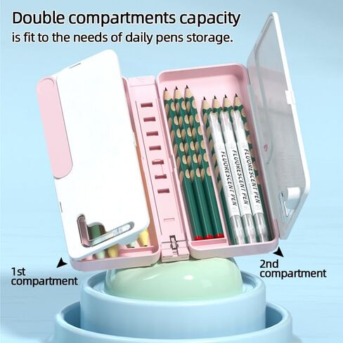 صندوق قلم رصاص ، قلم رصاص ، صناديق قلم رصاص صلبة بلاستيكية ، صندوق قلم مزدوج طبقة كبيرة ، مستلزمات تخزين مدرسية متعددة الوظائف للفتيات والفتيان ، الأطفال (الوردي) in Kuwait