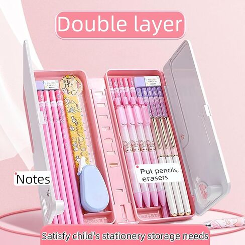 صندوق قلم رصاص ، قلم رصاص ، صناديق قلم رصاص صلبة بلاستيكية ، صندوق قلم مزدوج طبقة كبيرة ، مستلزمات تخزين مدرسية متعددة الوظائف للفتيات والفتيان ، الأطفال (الوردي) in Kuwait