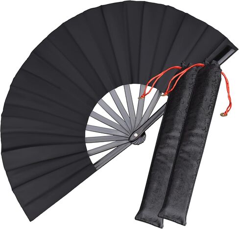 2 Pack Large Folding Hand Fan,Black Chinese Kung Fu Tai Chi Fan Nylon-Cloth Fans for Men and Women Performance,Dance,Decorations,Festival,Gift (Black) in Kuwait