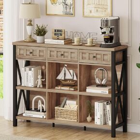 FATORRI 6 Cube Storage Bookshelf with 3 Drawers, Long Horizontal Bookcase, Modern Cubby Organizer Shelf (White Oak, 47 Inch)