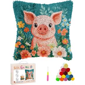 طقم غطاء وسادة المزلاج العام DIY - موضوع الخنزير - متعدد الألوان - 43 × 43 سم - نمط حديث - طقم التطريز - غير قابل للطي - مناسب للأطفال والكبار