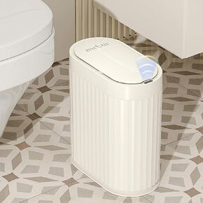 Small Bathroom Trash Can with Lid Soft Close, Slim Metal Waste Basket for Bedroom, 5L/1.6 Gal Touchless Garbage Bin with Stainless Steel Pedal for Narrow Kitchen, Office Retro Decor, White