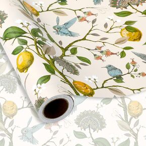 JarThenaAMCS Summer Lemon Bird Wrapping Paper -Mini Roll- 17In x 32.8Ft Vintage Floral Yellow Blue Green Gift Wrap Paper Craft Paper for Wedding Bridal Shower Birthday Party Packing Supplies