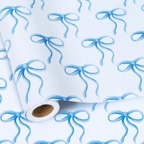 Whaline Blue Bow Wrapping Paper -Mini Roll- 17in x 38Ft Bow-knot Gift Wrap Paper for Wedding Bridal Baby Shower Birthday Party Wrapping Supplies