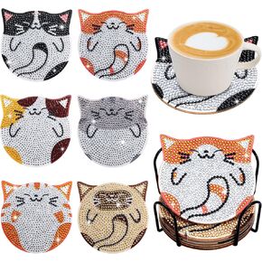 Handlish 6 قطع من Cat Cat Diamond Art Coaster مع حامل ، مجموعة فن الرسم الماسي للبالغين والطفل ، DIY Diamond Art للمبتدئين ، عناصر الحرف العائلية (CAT)
