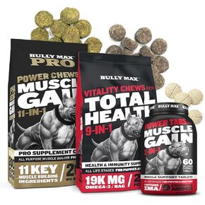 Bully Max Pro Series Muscle Gain Muscle Power Ambs & Chewable Tablets (60 Tabs) + Bitality Chews Bundle للعضلات الشاملة والمناعة والمفصل والبشرة والمعطف - لجميع السلالات والجرى والكلاب البالغة