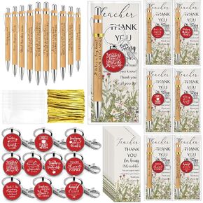 20 Sets Teacher Appreciation Gifts Bulk Thank You Teachers Week Gifts with Bamboo Ballpoint Pens Keychains and Inspirational Cards for Coworker Student Graduation Appreciation